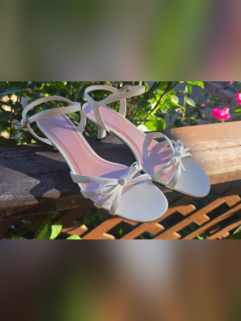 Fioni White Bow Kitten Heel Sandals Size 8 | Wedding Bridal Dressy Ankle Strap